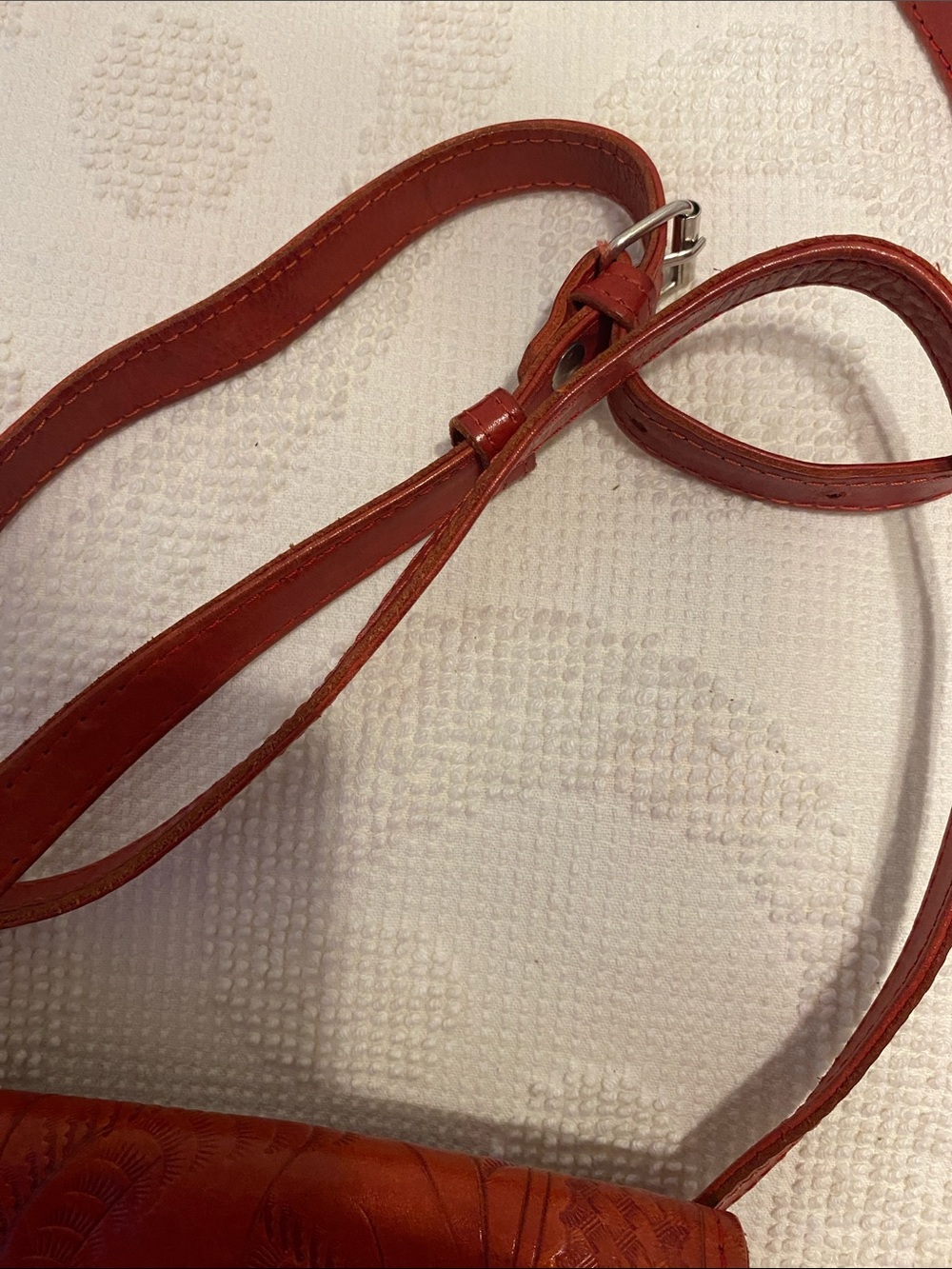 Hand-Tooled Floral Leather Crossbody Bag in Dark Pumpkin color. - Picture 10 of 10